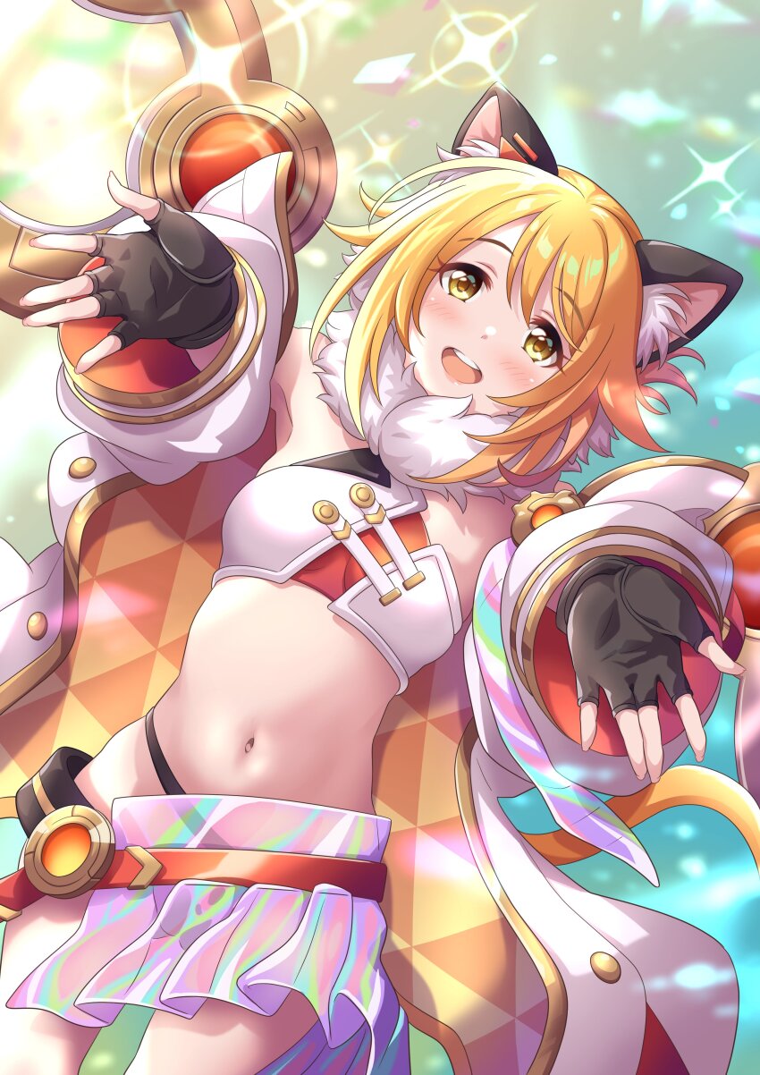 1girl absurdres animal_ear_fluff animal_ears blonde_hair blush breasts cat_ears cat_girl cat_tail coat cygames gloves hair_ornament hairclip highres hiyori_(astral)_(princess_connect!) hiyori_(princess_connect!) jacket long_sleeves looking_at_viewer medium_breasts open_clothes open_coat open_mouth orange_hair princess_connect! short_hair small_breasts smile solo tail tsukachii