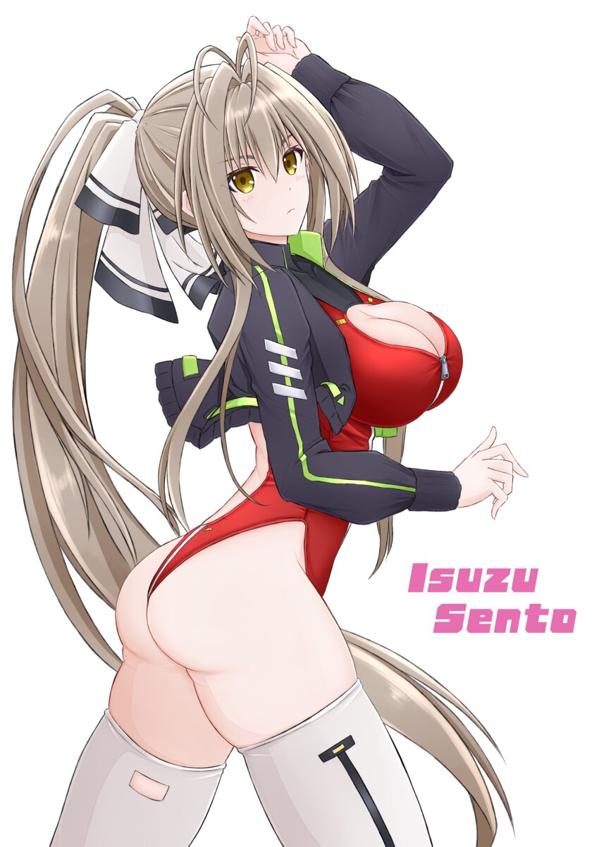 1girl absurdres amagi_brilliant_park ass breasts brown_hair cleavage companion/af highres ponytail sento_isuzu thighhighs tubamesaapoo white_thighhighs