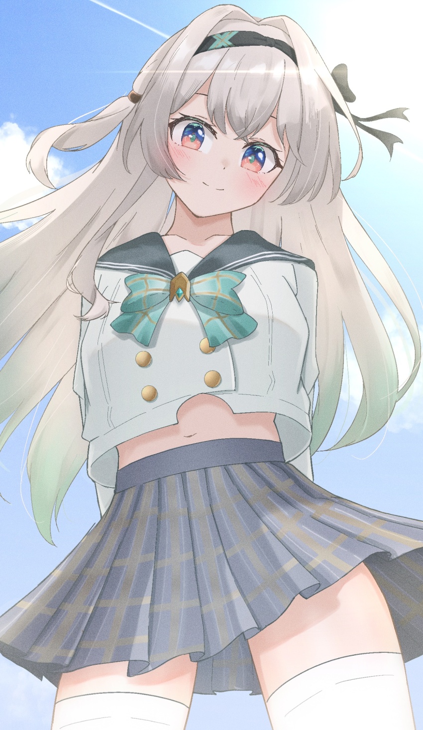 1girl belly black_hairband black_ribbon blue_sky blush bow bowtie buttons closed_mouth cloud cloudy_sky collared_shirt double-breasted firefly_(honkai:_star_rail) firefly_(spring_missive)_(honkai:_star_rail) green_bow green_bowtie green_pupils grey_hair grey_sailor_collar grey_skirt hair_between_eyes hair_intakes hair_ornament hair_ribbon hair_tubes hairband highres honkai:_star_rail honkai_(series) koenage_kaoru long_hair multicolored_eyes navel plaid_bow plaid_bowtie plaid_clothes pleated_skirt ribbon sailor_collar shirt skirt sky smile solo thighhighs two-tone_eyes white_shirt white_thighhighs