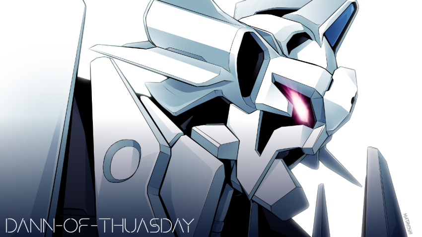 artist_name character_name dann_of_thursday from_side glowing glowing_eye gunxsword leaning_forward looking_ahead matayoshi_(nopple_1000) mecha no_humans pink_eyes robot solo