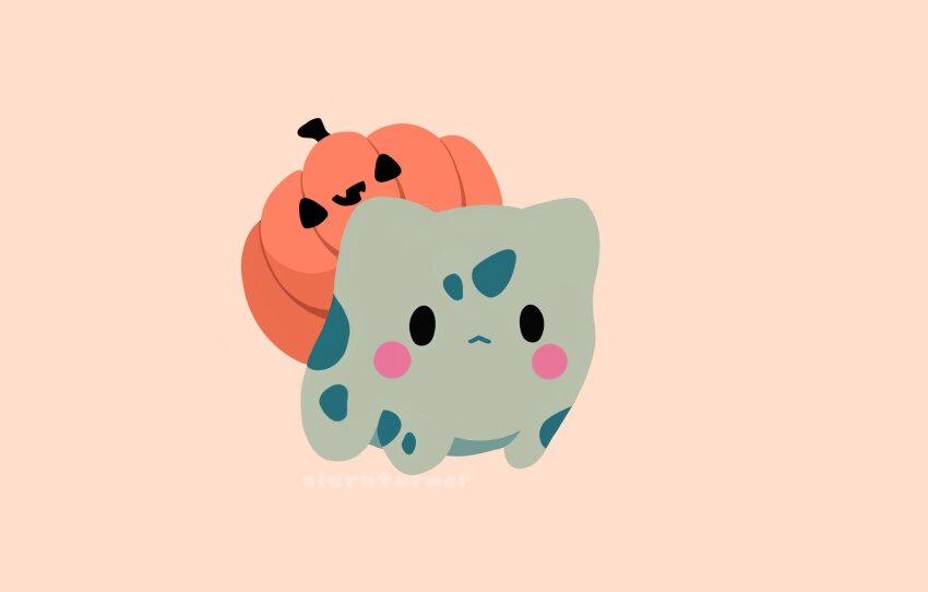 animal_focus artist_name blush blush_stickers bulbasaur ciaraturnerart closed_mouth commentary english_commentary full_body gen_1_pokemon highres jack-o&#039;-lantern nintendo no_humans pokemon pokemon_(creature) pokemon_focus pumpkin simple_background solo spots white_background