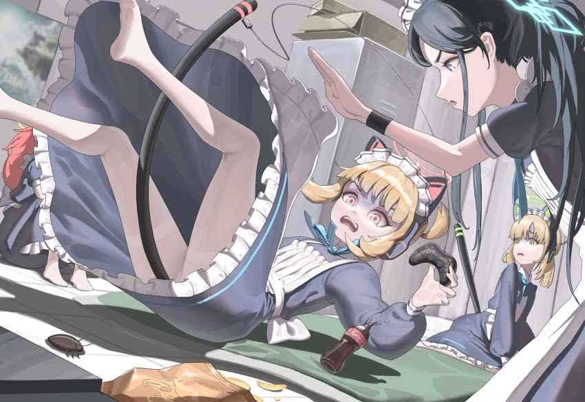 4girls absurdres animal_ear_headphones animal_ears apron aris_(blue_archive) aris_(maid)_(blue_archive) barefoot black_dress black_hair blonde_hair blue_archive blue_eyes bug cat_ear_headphones cat_tail chojja cockroach cola controller dress fake_animal_ears fake_tail falling game_controller game_development_department_(blue_archive) green_eyes headphones highres holding holding_controller holding_game_controller insect long_hair long_sleeves maid maid_apron maid_headdress midori_(blue_archive) midori_(maid)_(blue_archive) momoi_(blue_archive) momoi_(maid)_(blue_archive) multiple_girls official_alternate_costume official_alternate_hairstyle pink_eyes ponytail red_hair short_ponytail short_sleeves tail very_long_hair white_apron yuzu_(blue_archive) yuzu_(maid)_(blue_archive)
