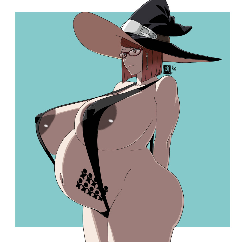 1girl breasts brown_eyes brown_hair dark_areolae fire_emblem fungus-man glasses hat huge_breasts miriel_(fire_emblem) nintendo pregnancy_mark pregnant slingshot_swimsuit solo swimsuit