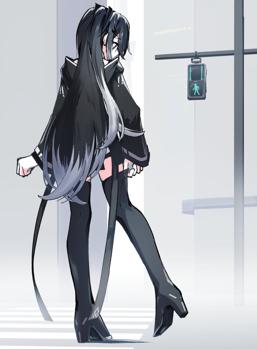 1girl adjusting_clothes adjusting_legwear arms_at_sides black_boots black_eyes black_hair black_jacket boots coefont crosswalk from_behind full_body grey_hair hair_between_eyes hair_ornament hairclip high_heel_boots high_heels highres hood hood_down hooded_jacket jacket long_hair long_sleeves looking_down millial_(coefont) multicolored_hair outdoors profile sidelocks solo standing standing_on_one_leg straight_hair teckinder thigh_boots thighs traffic_light two-tone_hair