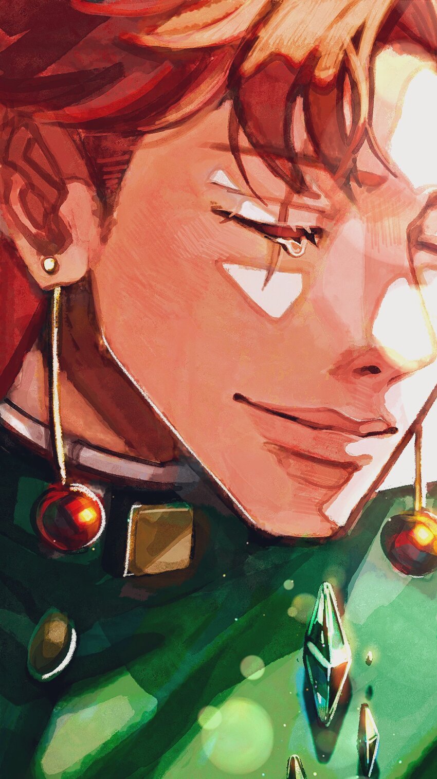 1boy crystal earrings gakuran highres jewelry jojo_no_kimyou_na_bouken kakyoin_noriaki male_focus natchan_blue_(nanairopenki) portrait red_hair scar scar_across_eye scar_on_face school_uniform smile solo stardust_crusaders tears