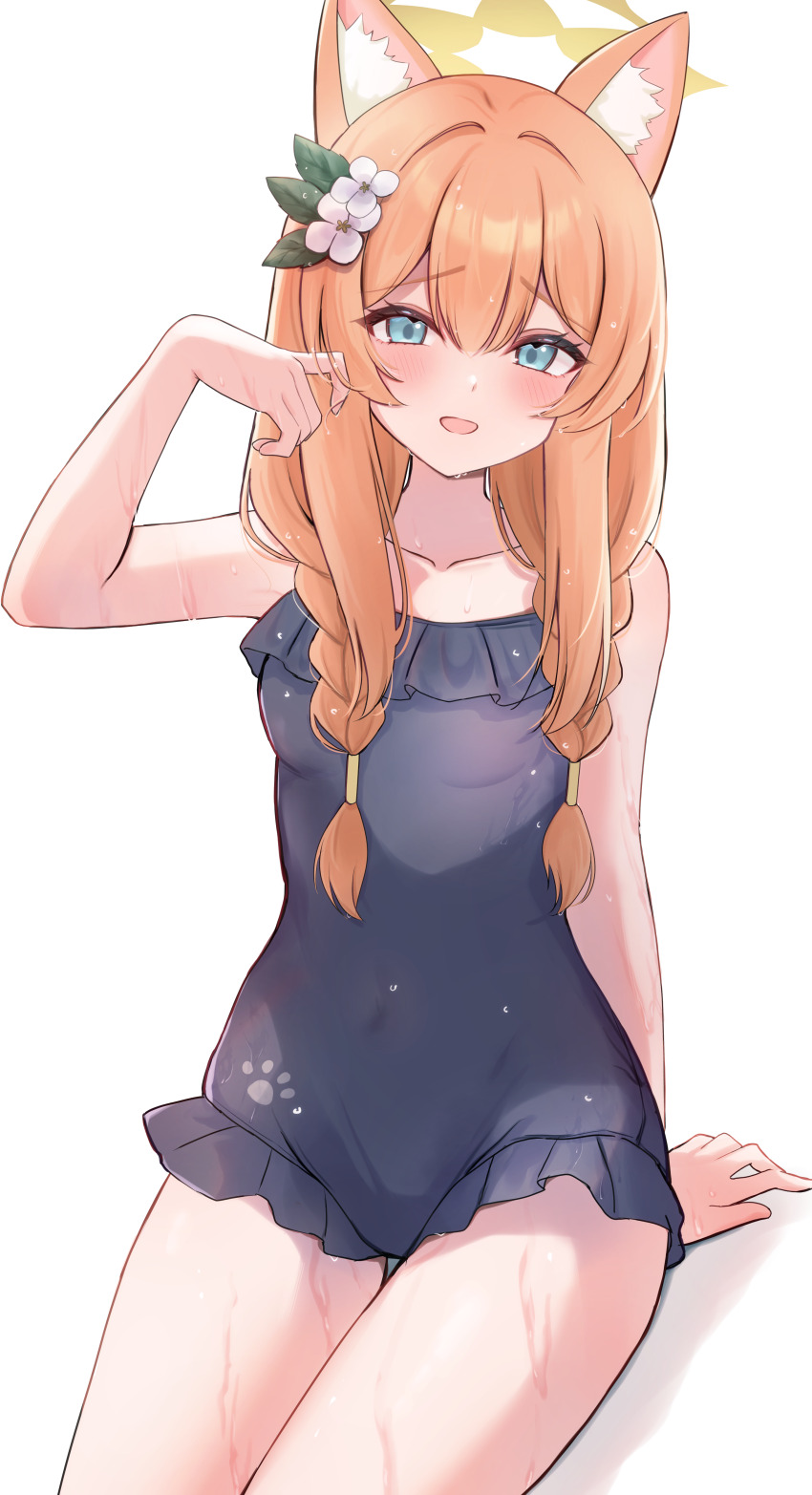 1girl absurdres animal_ear_fluff animal_ears bare_arms bare_legs bare_shoulders black_one-piece_swimsuit blue_archive blue_eyes blush braid breasts cat_ears collarbone commentary_request flower frilled_one-piece_swimsuit frills hair_between_eyes hair_flower hair_ornament halo highres korean_commentary long_hair mari_(blue_archive) mari_(swimsuit)_(blue_archive) miyai_(myai04) official_alternate_costume one-piece_swimsuit open_mouth orange_hair second-party_source simple_background small_breasts solo swimsuit twin_braids white_background white_flower yellow_halo
