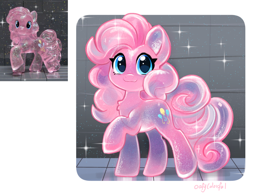 :3 animal animal_focus balloon blue_eyes chinese_commentary commentary_request curly_hair cutie_mark figure glitter highres long_hair looking_at_viewer my_little_pony my_little_pony:_friendship_is_magic no_humans oofycolorful photo-referenced pinkie_pie pony_(animal) see-through_body sparkle standing tail toy