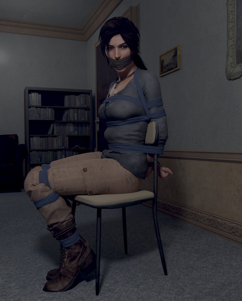 1girl 3d absurdres arms_behind_back bdsm bondage bound bound_ankles bound_legs breast_bondage breasts brown_eyes brown_hair chair cloth_gag gag gagged highres improvised_gag jewelry lara_croft necklace cloth_gag rope sitting skvrwiel tied_to_chair tomb_raider tomb_raider_(reboot)