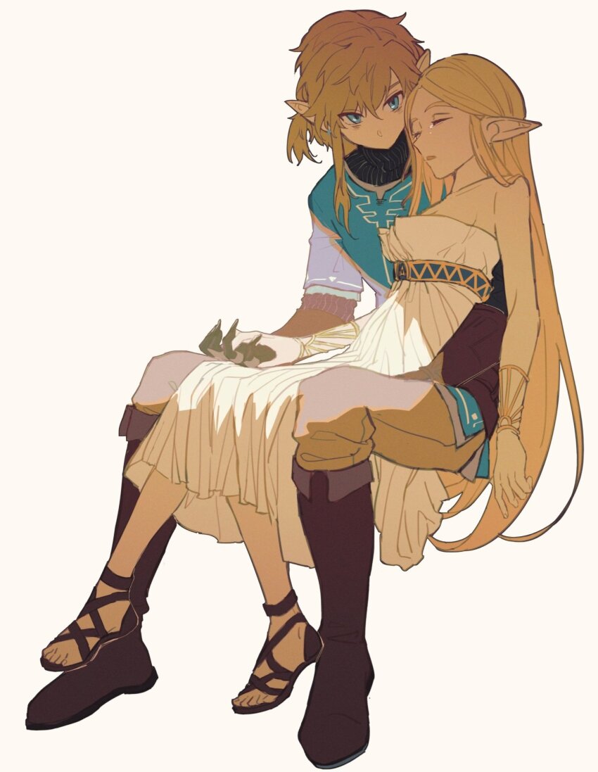 1boy 1girl aqua_tunic bare_shoulders black_sweater blue_eyes boots breasts brown_boots cleavage closed_eyes couple dress earrings frost_mourne gladiator_sandals gold_bracer grey_pants hair_between_eyes hetero highres holding_hands interlocked_fingers jewelry link long_dress long_hair looking_at_another low_ponytail medium_breasts medium_hair nintendo pants parted_bangs parted_lips pointy_ears ponytail princess_zelda sandals sidelocks sitting sitting_on_lap sitting_on_person strapless strapless_dress sweater tears the_legend_of_zelda the_legend_of_zelda:_breath_of_the_wild tunic turtleneck turtleneck_sweater white_background white_dress