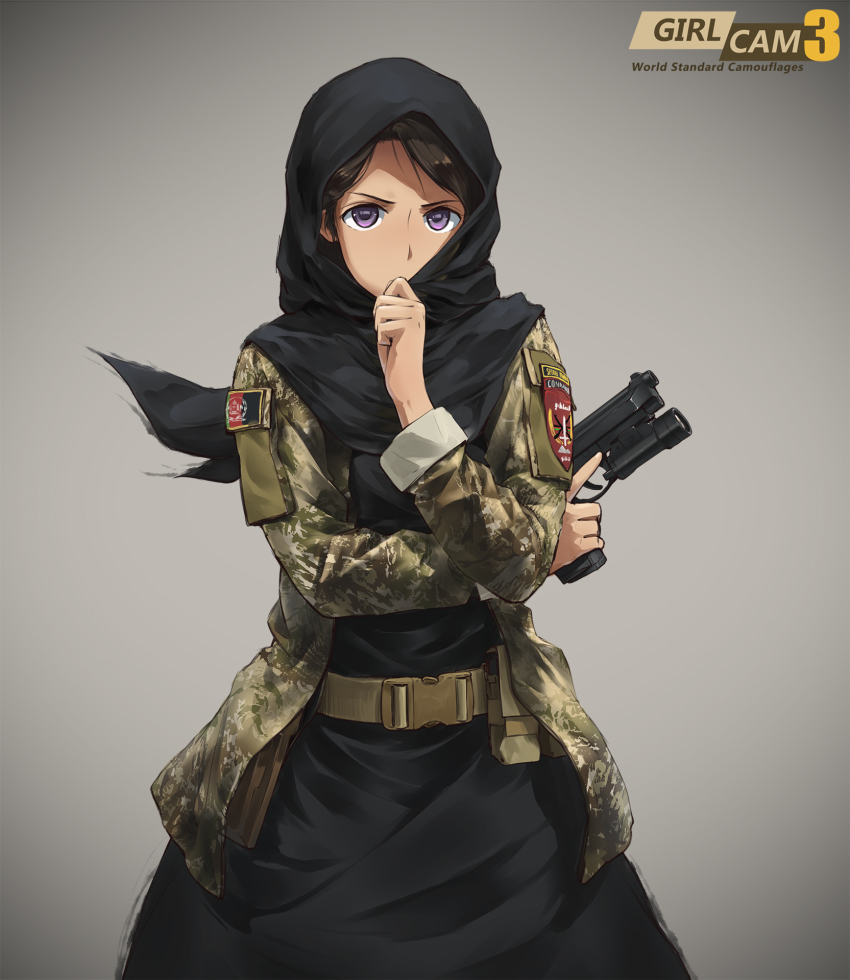 1girl abaya afghan_flag afghanistan belt beretta_92 black_hair black_hijab camouflage copyright_name covering_own_mouth cowboy_shot flashlight gun hand_over_own_mouth handgun highres hijab looking_at_viewer magazine_(weapon) military military_uniform original patch pistol pouch purple_eyes serious simple_background sleeves_rolled_up soldier tactical_light tanto_(tc1995) trigger_discipline weapon wind