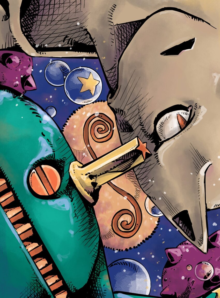 2others animal_ears araki_hirohiko_(style) ark_nemesis blue_background cat_ears colored_skin green_skin highres jojo_no_kimyou_na_bouken jojolion killer_queen multiple_others no_mouth orange_eyes robot rokakaka soap_bubbles soft_&amp;_wet stand_(jojo) star_(symbol)