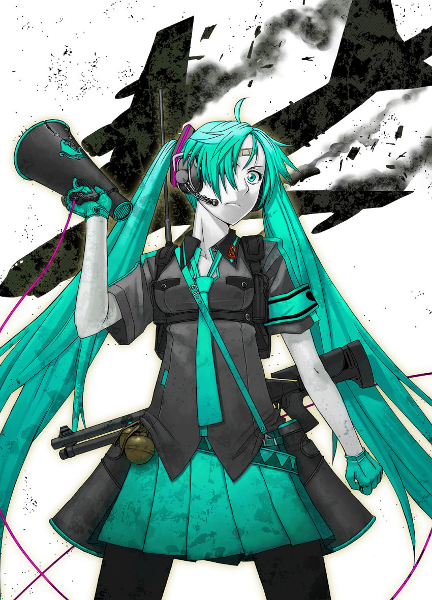 1girl aircraft airplane aqua_hair b-52_stratofortress bandaid explosive female_focus fragmentation_grenade gloves grenade gun hair_over_one_eye hand_grenade hatsune_miku headset heavy_bomber highres itou_(onsoku_tassha) koi_wa_sensou_(vocaloid) long_hair m67_grenade megaphone pantyhose partially_colored penetrator_(aircraft) shotgun skirt solo strategic_bomber very_long_hair vocaloid weapon white_background