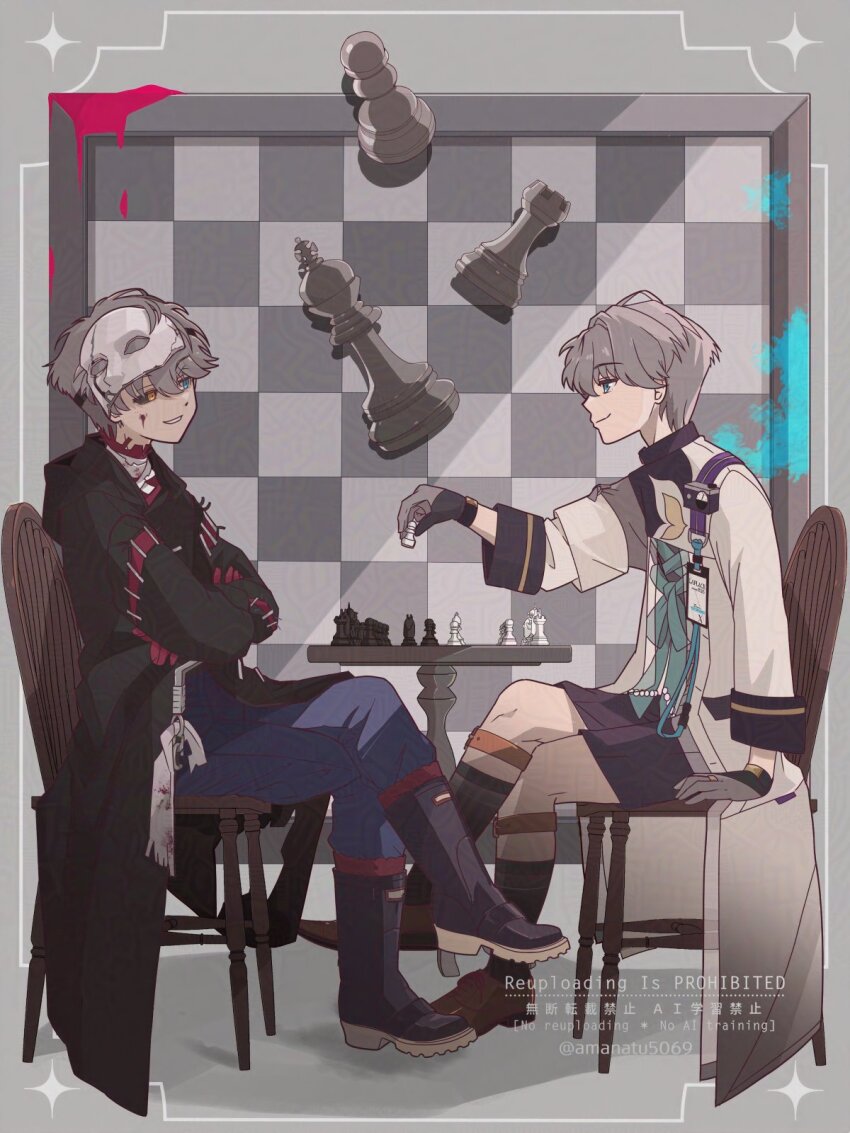 2boys adversarial_noise amanatsu_(amanatu5069) black_boots black_coat black_sclera black_shorts black_socks blood blood_on_face blue_eyes blue_pants board_game boots brown_shoes chess chess_piece chessboard coat colored_sclera crossed_legs dual_persona full_body gloves grey_background grey_gloves grey_hair grin heterochromia highres holding holding_chess_piece id_card king_(chess) legwear_garter looking_at_another looking_at_viewer mask mask_on_head mismatched_sclera multiple_boys official_alternate_costume on_chair pants pawn_(chess) playing_chess profile red_gloves reverse:1999 rook_(chess) round_table shoes short_hair shorts sitting smile socks table watermark white_coat x_(breathing_in_silence)_(reverse:1999) x_(reverse:1999) yellow_eyes