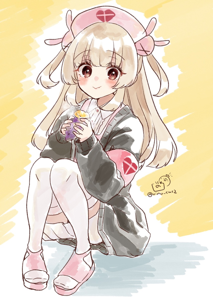 &gt;_&lt; 1girl :t apron armband black_jacket blush brown_background brown_eyes brown_hair closed_mouth collared_dress commentary_request dress eating food full_body hair_ornament hat highres holding holding_food jacket knees_up long_hair long_sleeves natori_sana natori_sana_(nurse) nurse nurse_cap open_clothes open_jacket pink_apron pink_hat pink_sandals puffy_long_sleeves puffy_sleeves rabbit_hair_ornament rino_cnc roasted_sweet_potato safety_pin sana_channel sandals sitting sleeves_past_wrists solo sweet_potato thighhighs twitter_username two_side_up very_long_hair virtual_youtuber white_dress white_thighhighs