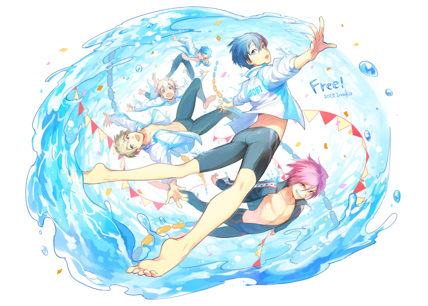 2013 5boys adjusting_eyewear barefoot black_hair black_jacket blonde_hair blue_eyes copyright_name free! full_body fumiko_(throughx2) glasses green_eyes green_hair hair_between_eyes hazuki_nagisa jacket male_focus matsuoka_rin multicolored_jacket multiple_boys nanase_haruka_(free!) navel open_clothes open_jacket pink_hair red-framed_eyewear ryuugazaki_rei short_hair tachibana_makoto two-tone_jacket water white_jacket