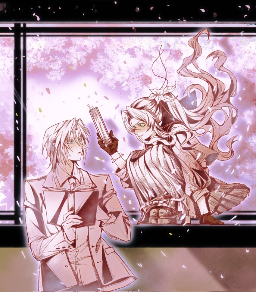 1boy 1girl aerith_gainsborough aerith_gainsborough_(midgard_seventh_high_school) aqua_eyes black_gloves black_sailor_collar book bracelet cardigan cherry_blossoms classroom collared_shirt delinquent desk falling_petals final_fantasy final_fantasy_vii final_fantasy_vii_ever_crisis floral_print flower full_body gloves green_eyes grey_jacket hair_flower hair_ornament hair_ribbon highres holding holding_book jacket jewelry long_hair long_skirt looking_at_another necktie official_alternate_costume parted_bangs parted_lips petals pink_petals pleated_skirt ponytail ribbon sailor_collar school_desk school_uniform sephiroth sephiroth_(ever_crisis) sephiroth_(shinra_private_academy) shirt short_hair sidelocks sitting skirt smile squatting suit_jacket sukeban sweatdrop tree upper_body white_flower white_shirt zdax20001212