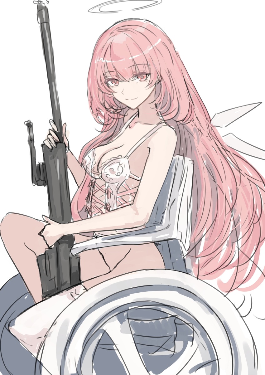1girl absurdres arknights bare_shoulders bottomless breasts bustier cleavage collarbone commentary_request detached_wings gun halo highres holding holding_gun holding_weapon ken_(shutenndouji1) lemuen_(arknights) lingerie long_hair looking_at_viewer medium_breasts pink_eyes pink_hair rifle single_thighhigh sitting smile sniper_rifle solo thighhighs traditional_halo underwear weapon wheel white_bustier white_thighhighs wings