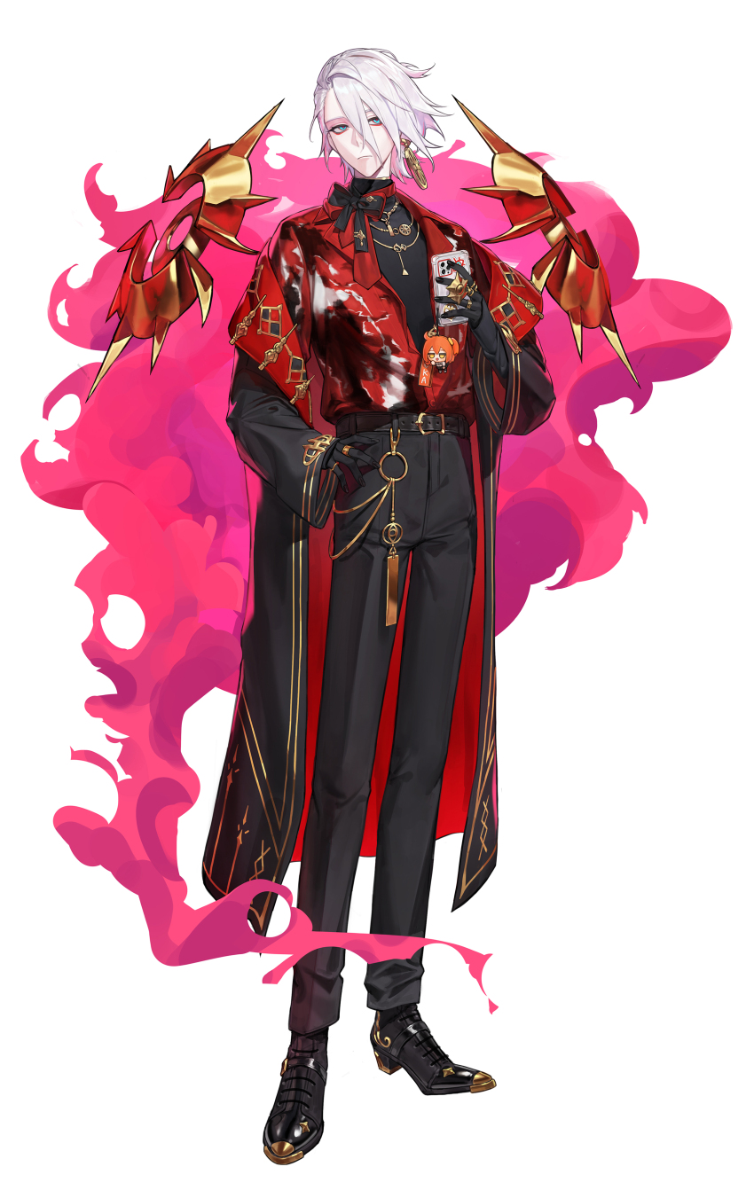 1boy absurdres black_cape black_pants black_shoes blue_eyes cape fate/grand_order fate_(series) full_body highres karna_(fate) male_focus pants red_cape shoes simple_background snacks00 solo white_background white_hair