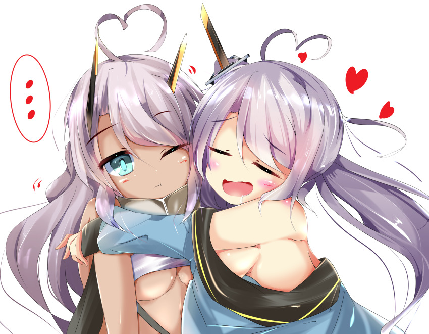 ... 2girls :t absurdres ahoge azur_lane bandeau black_sailor_collar blue_eyes blue_shirt blush breasts closed_eyes dark-skinned_female dark_skin furisuku_(gerbera) hair_between_eyes heart heart_ahoge highres hug indianapolis_(azur_lane) large_breasts long_hair medium_breasts multiple_girls off_shoulder one_eye_closed open_mouth portland_(azur_lane) purple_hair sailor_collar shirt siblings siscon sisters smile spoken_ellipsis underboob upper_body very_long_hair white_bandeau