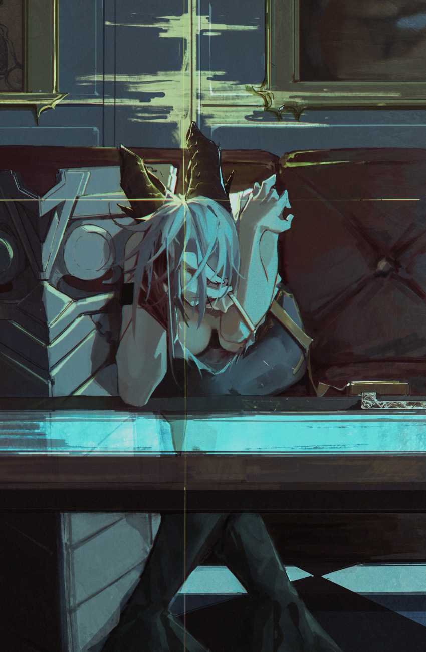 1girl absurdres arm_strap black_horns black_pants breasts cleavage commentary couch crossed_legs curled_horns elbow_rest emu2046 english_commentary film_grain grey_hair hand_to_head hand_up head_rest highres horns indoors large_breasts leaning_forward necktie necktie_around_wrists on_couch pants picture_frame red_necktie revision shield shirt sitting solo table torn_clothes torn_shirt white_shirt wuthering_waves zani_(wuthering_waves)