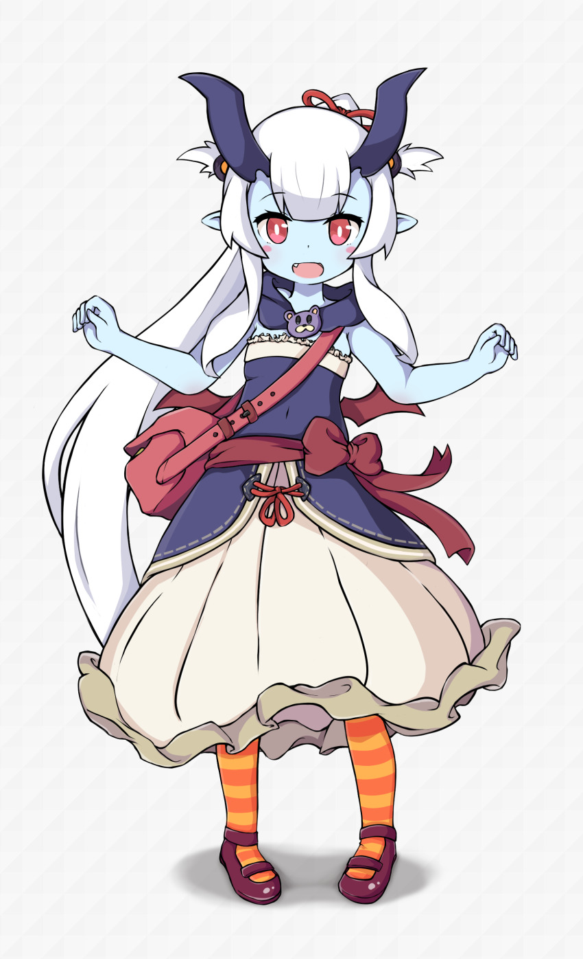 1girl absurdres arum_(world_flipper) dress fang full_body grey_background highres horns long_hair looking_at_viewer mary_janes mwm5 open_mouth pantyhose pointy_ears red_eyes red_shoes shoes simple_background sleeveless sleeveless_dress solo striped_clothes striped_pantyhose very_long_hair world_flipper