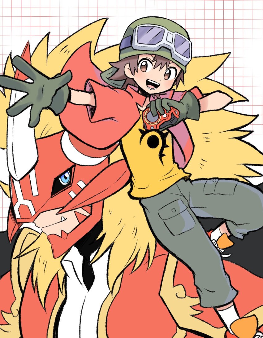 2boys agnimon armor blonde_hair blue_eyes brown_eyes brown_hair d-scanner digimon digimon_frontier evolutionary_line full_body goggles goggles_on_head green_hat hat highres horns jacket long_hair multiple_boys red_armor red_jacket shirt short_hair upper_body waka_88000 white_background yellow_shirt