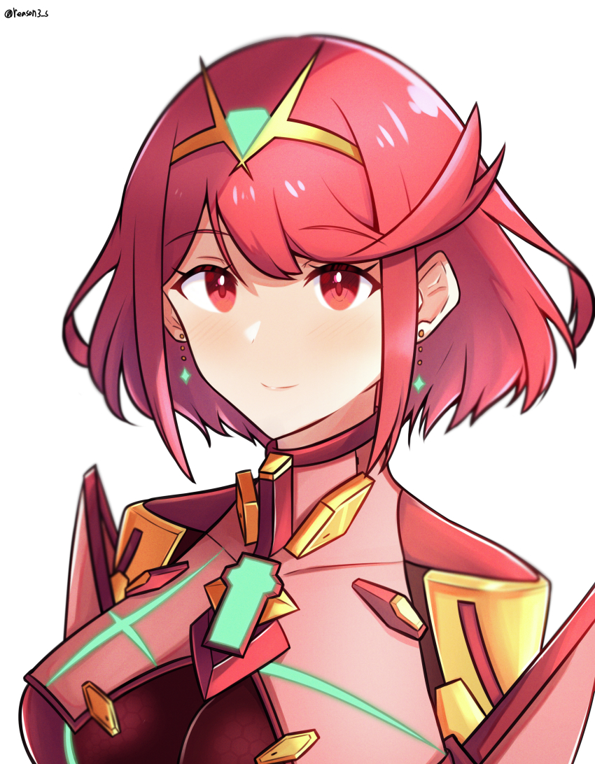 1girl absurdres armor blush bodysuit breasts chest_jewel closed_mouth commentary_request earrings eyelashes gem gold_trim headpiece highres jewelry large_breasts looking_at_viewer medium_hair portrait pyra_(xenoblade) reason3_s red_bodysuit red_eyes red_hair shadow shiny_clothes sidelocks simple_background solo swept_bangs tiara twitter_username white_background xenoblade_chronicles_(series) xenoblade_chronicles_2