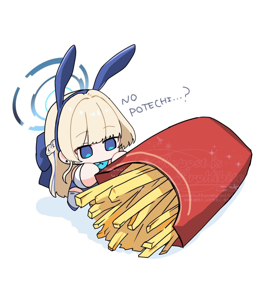 1girl animal_ears blonde_hair blue_archive blue_eyes blue_halo braid chibi commentary_request earrings fake_animal_ears food french_fries halo highres jewelry koyuuuuuuuuuuu solo stud_earrings toki_(blue_archive) watermark white_background
