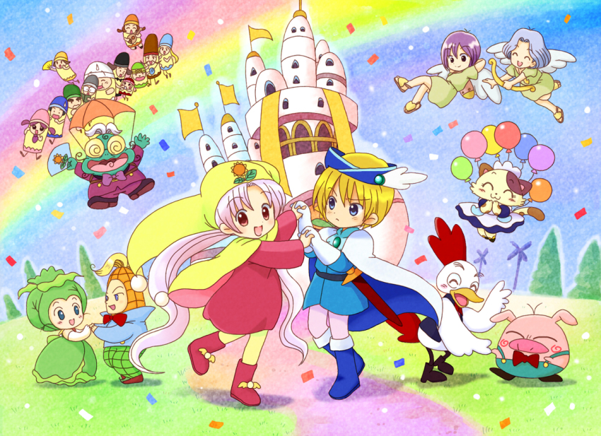 1990s_(style) 6+boys 6+girls angel_wings araessa bad_id bad_pixiv_id balloon bird blonde_hair boots bow bowtie brooch brown_hair cape castle cat character_request chicken dancing dress eijima_moko closed_eyes flower glasses gloves green_hair hand_fan holding_hands hat instrument jester_cap jewelry light_purple_hair long_hair looking_at_viewer maid_headdress multiple_boys multiple_girls open_mouth parachute pig pink_hair prince_cloud princess_silver purple_hair rainbow retro_artstyle sandals sheath sheathed smile sunflower sutonsuton sweatdrop tree twintails white_hair wings yume_no_crayon_oukoku