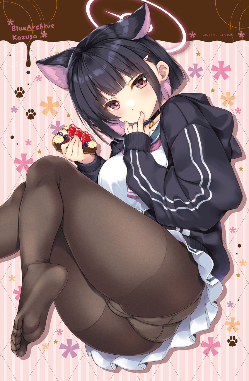 1girl animal_ears ass black_choker black_hair black_jacket black_pantyhose black_serafuku blue_archive breasts breasts_out cake cake_slice cameltoe cat_ears cat_girl character_name choker copyright_name food fruit halo highres holding holding_food jacket kazusa_(blue_archive) large_breasts long_sleeves looking_at_viewer nipples no_bra no_shoes panties pantyhose pink_eyes pleated_skirt school_uniform serafuku shigunyan short_hair skirt soles solo strawberry toes underwear white_panties white_skirt
