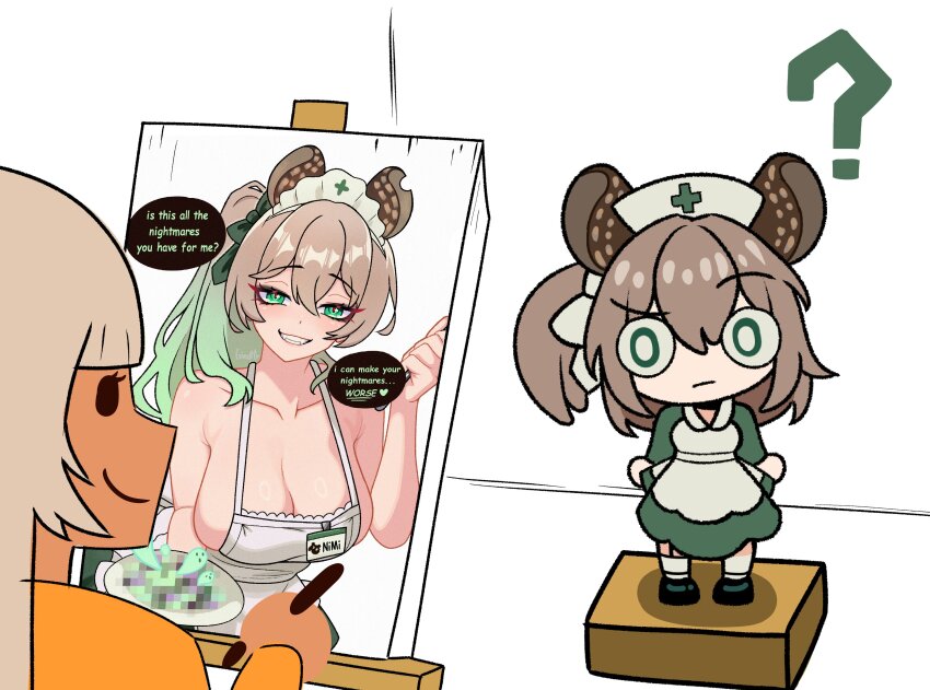 ? absurdres animal_ears apron blush breasts brown_hair canvas_(object) cleavage dress easel ginotty gradient_hair green_dress green_eyes hat highres indie_virtual_youtuber long_sleeves medium_hair multicolored_hair naked_apron nimi_nightmare nurse_cap one_side_up sideboob tapir_ears tapir_girl virtual_youtuber white_apron