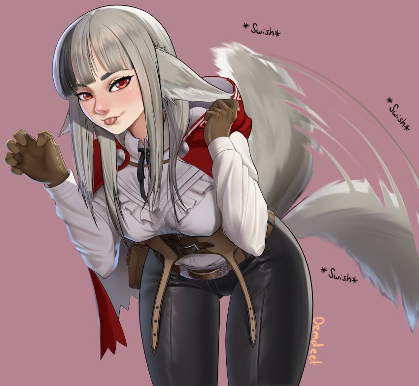 1girl animal_ears black_hair breasts demdeet fire_emblem fire_emblem_fates grey_hair looking_at_viewer medium_breasts nintendo pants red_eyes tail tail_wagging thick_thighs thighs tight_clothes tight_pants velouria_(fire_emblem) wolf_ears wolf_girl wolf_tail