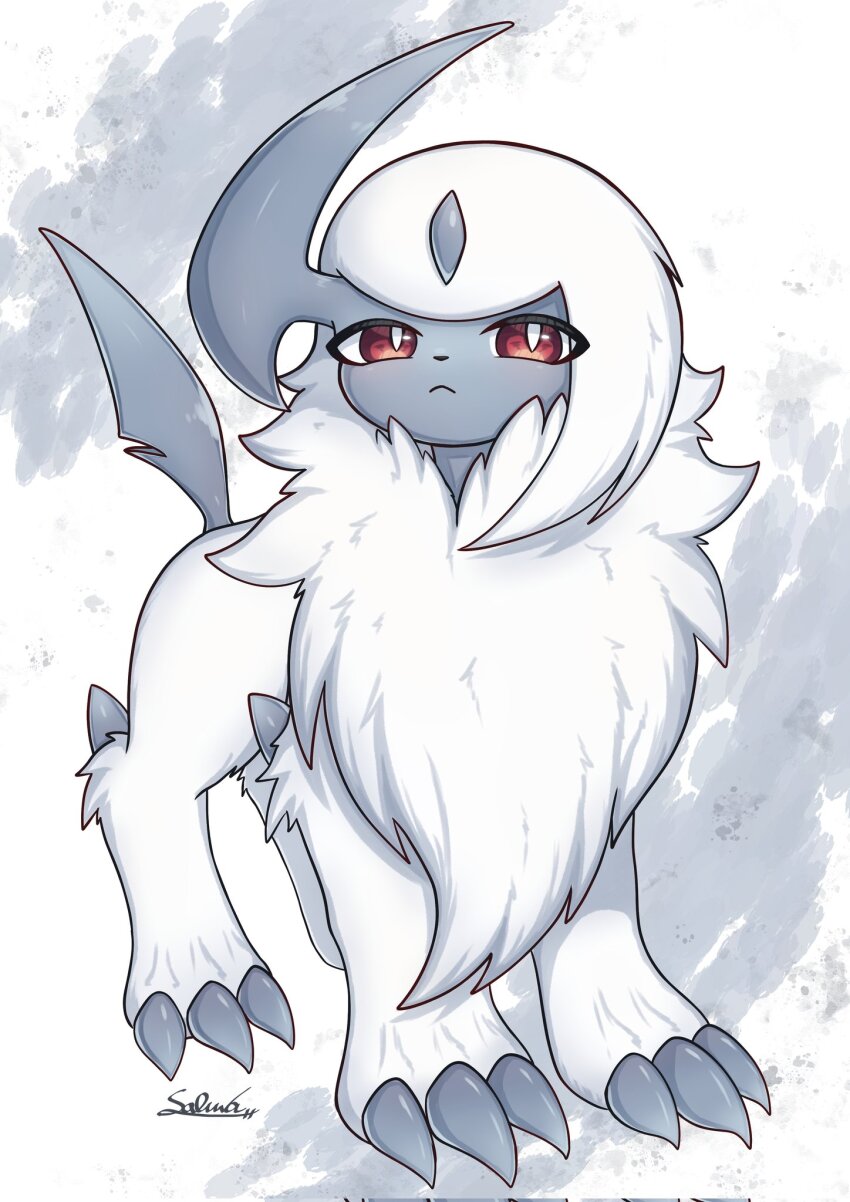 absol animal_focus bright_pupils claws closed_mouth commentary_request forehead_jewel frown gen_3_pokemon grey_background highres horns looking_at_viewer nintendo no_humans pokemon pokemon_(creature) red_eyes signature single_horn soruva_359 tail two-tone_background white_background white_fur white_pupils