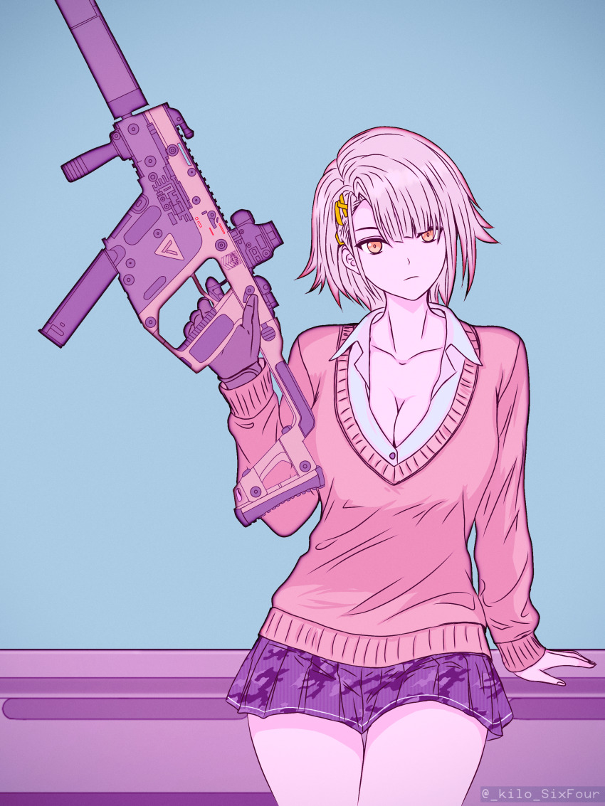 1girl absurdres black_gloves breasts cimol95 cleavage collarbone collared_shirt commentary cowboy_shot cup extended_magazine girls&#039;_frontline girls&#039;_frontline_2:_exilium gloves green_background grey_hair gun highres holding holding_cup ibispaint_(medium) kriss_vector long_sleeves looking_at_viewer miniskirt orange_sweater osprey_45 pleated_skirt polygonal_suppressor shirt short_hair single_glove skirt solo submachine_gun suppressor sweater twitter_username vector_(girls&#039;_frontline) vector_(girls&#039;_frontline_2) vector_(vivi_sometimes_hides_her_molotovs)_(girls&#039;_frontline_2) weapon white_shirt yellow_eyes