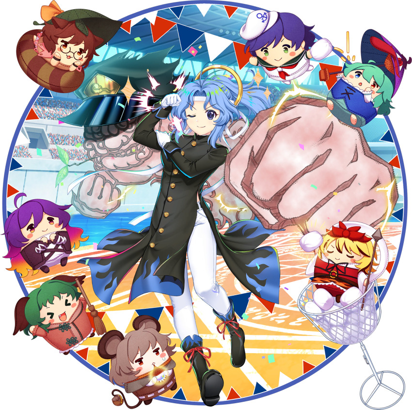 1boy 1girl alternate_costume belt bishamonten&#039;s_pagoda bishamonten&#039;s_spear black_footwear black_jacket blue_hair boots buttons character_doll circle closed_mouth commentary_request confetti cosplay futatsuiwa_mamizou gakuran game_cg gloves hat highres hijiri_byakuren hoop jacket jojo_no_kimyou_na_bouken kasodani_kyouko kujo_jotaro_(cosplay) kumoi_ichirin kuujou_joutarou long_hair long_sleeves looking_at_viewer murasa_minamitsu nazrin official_art one_eye_closed pants peaked_cap punching purple_eyes rotte_(1109) school_uniform smile stadium tatara_kogasa third-party_source toramaru_shou touhou touhou_lostword transparent_background umbrella unzan white_gloves white_pants
