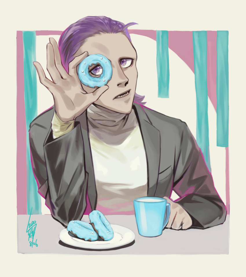 1boy artist_name bangs_pinned_back bishop_(daemon_x_machina) black_jacket border breast_pocket clenched_hand cup daemon_x_machina dated donut food forehead hand_up highres holding holding_food jacket layered_sleeves long_sleeves looking_at_viewer male_focus matching_hair/eyes milk open_clothes open_jacket open_mouth outside_border plate pocket purple_eyes purple_hair sharp_teeth shirt short_hair signature sitting solo table teeth tsunetaka_rakurai upper_body white_shirt yellow_border