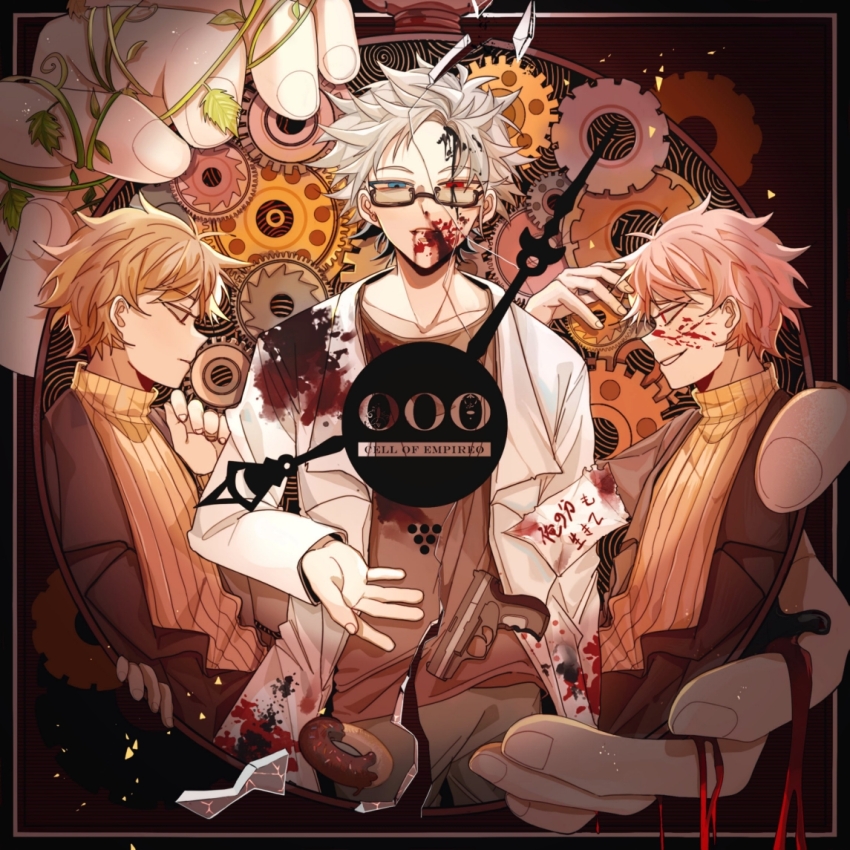 3boys atou_haruki black_jacket blonde_hair blood blood_on_clothes blood_on_face blue_eyes brown_shirt chinese_commentary closed_mouth commentary_request copyright_name donut dual_persona food gears glasses grey_hair grey_pants gun handgun heterochromia jacket kanou_aogu lab_coat lemijiang male_focus multiple_boys open_clothes open_jacket original pants paper pink_hair red_eyes ribbed_sweater semi-rimless_eyewear shirt short_hair smile spoilers sweater translation_request turtleneck turtleneck_sweater weapon yellow_sweater
