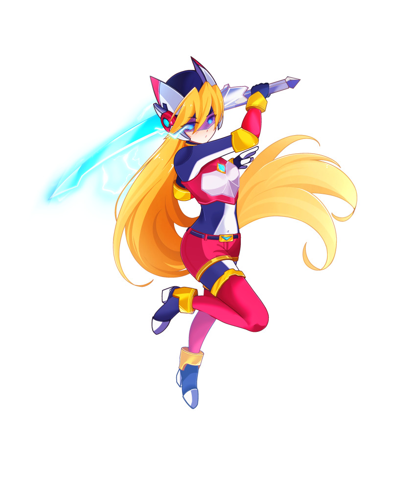 1girl absurdres aizeis alternate_costume alternate_hairstyle armor armored_boots attack belt blonde_hair body_armor bodystocking boots breasts chest_jewel ciel_(mega_man) commission commissioner_upload covered_navel elbow_gloves energy_sword fighting_stance gauntlets gloves glowing glowing_eyes hair_down helmet high_heel_boots high_heels highres jumping long_bangs long_hair looking_at_viewer mechanical_ears mega_man_(series) mega_man_zero_(series) mega_man_zx model_z_(mega_man) non-web_source petite shorts slashing small_breasts spinning sword thigh_boots thighs weapon