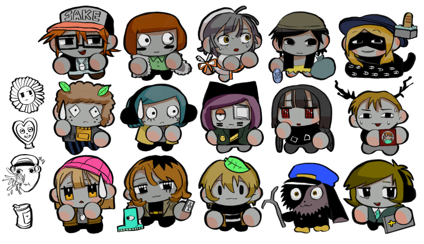 1other 3girls 6+boys absurdres black_eyes character_request chibi commentary_request highres hitchhiker_a_(randal&#039;s_friends) hitchhiker_b_(randal&#039;s_friends) human_head kitty_carpet_(randal&#039;s_friends) looking_at_viewer luther_von_ivory multiple_boys multiple_girls nana_(randal&#039;s_friends) nyen_(randal&#039;s_friends) nyon_(randal&#039;s_friends) randal&#039;s_friends randal_ivory sebastian_de_tomato_smith_chicken_legs she_(randal&#039;s_friends) short_hair simple_background snake_girl spider_girl_(randal&#039;s_friends) white_background zakuro_(kdxd87965)