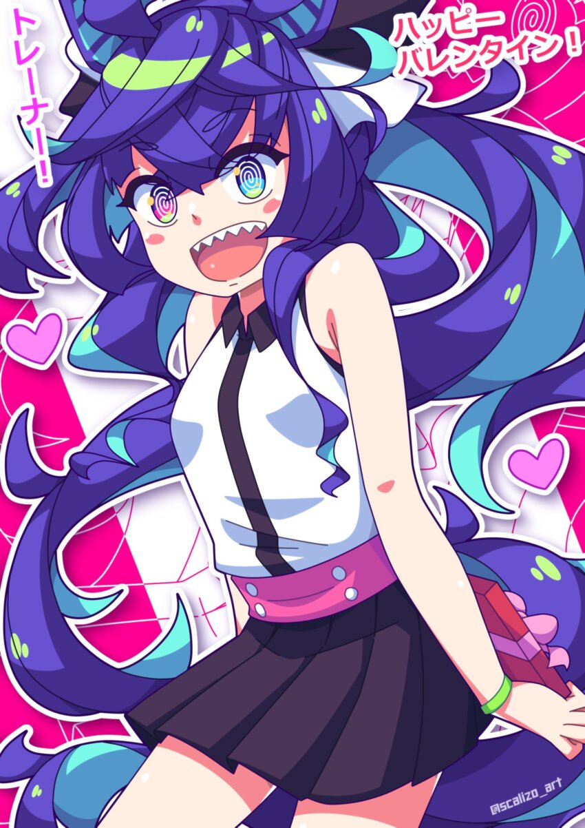 1girl animal_ears blue_eyes blue_hair fang highres horse_ears horse_girl horse_tail long_hair looking_at_viewer miniskirt open_mouth scalizo skirt solo tail twin_turbo_(umamusume) twintails umamusume