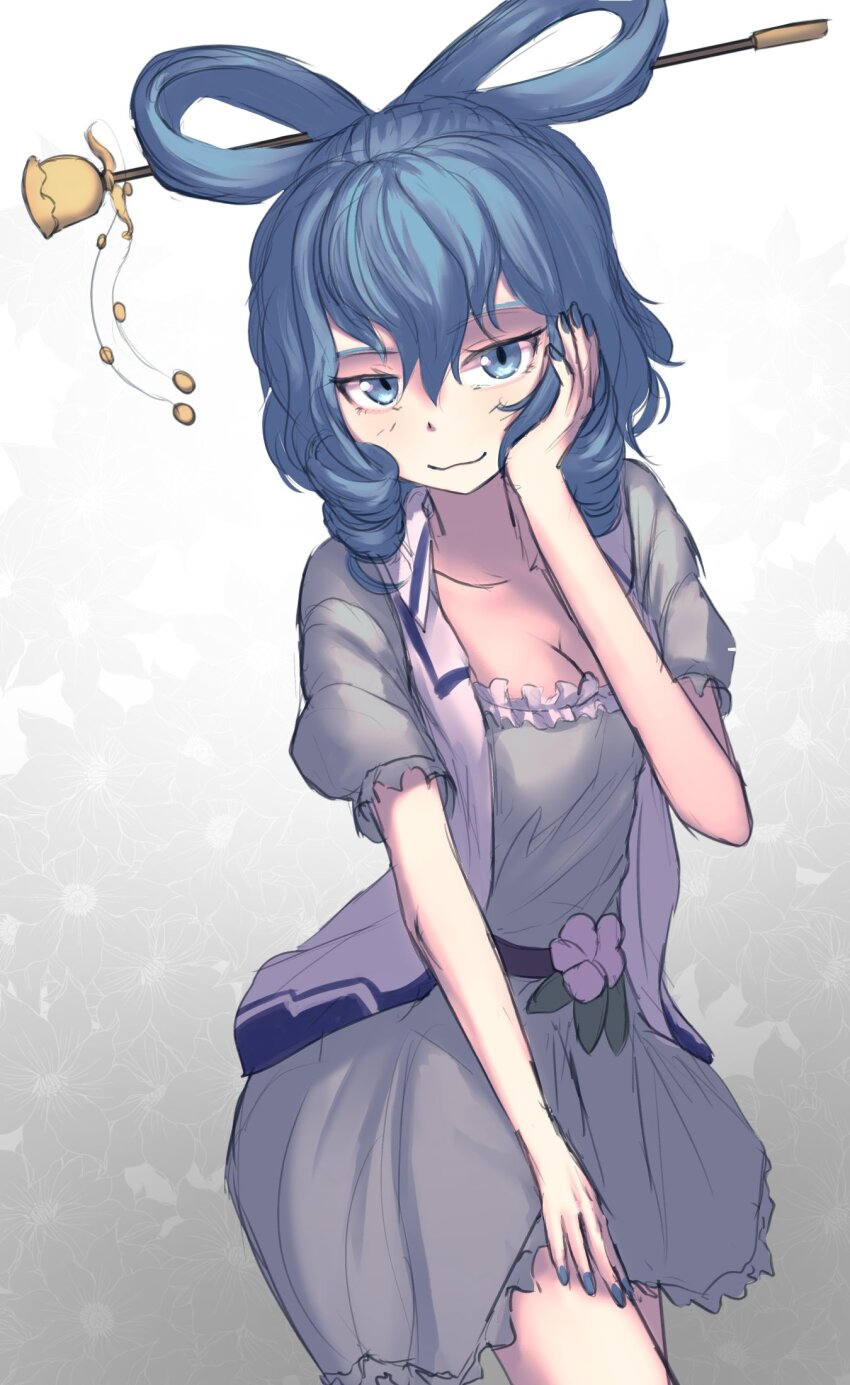 1girl blue_dress blue_eyes blue_hair breasts chisel cleavage closed_mouth commentary dress drill_hair drill_sidelocks flower gradient_background grey_background hair_ornament hair_rings hair_stick highres kaku_seiga looking_at_viewer pygrenix short_sleeves sidelocks solo touhou vest white_vest