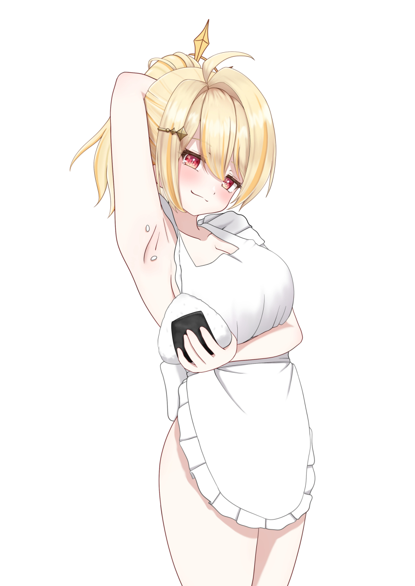 1girl :3 absurdres ahoge alternate_costume apron armpit_onigiri blonde_hair blush breasts cleavage closed_mouth commentary_request cowboy_shot cuore_0624 food frilled_apron frills hair_intakes hair_ornament hairclip highres hinata_mashu holding holding_food large_breasts looking_at_viewer naked_apron nanashi_inc. no_halo onigiri orange_eyes rice sideboob simple_background smile smug solo virtual_youtuber white_apron white_background
