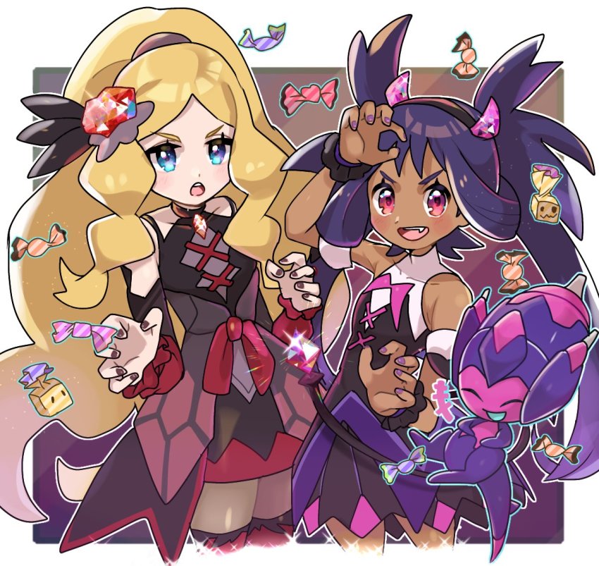 2girls armlet bare_shoulders blonde_hair blue_eyes blush caitlin_(fall_2021)_(pokemon) caitlin_(pokemon) candy_wrapper collarbone commentary dark-skinned_female dark_skin dress eyelashes fu_(tk1189227dhy) gen_7_pokemon halloween halloween_costume iris_(fall_2022)_(pokemon) iris_(pokemon) jewelry long_hair multiple_girls nail_polish nintendo official_alternate_costume open_mouth poipole pokemon pokemon_(creature) pokemon_masters_ex ponytail purple_hair purple_nails sidelocks symbol-only_commentary teeth tongue ultra_beast upper_teeth_only