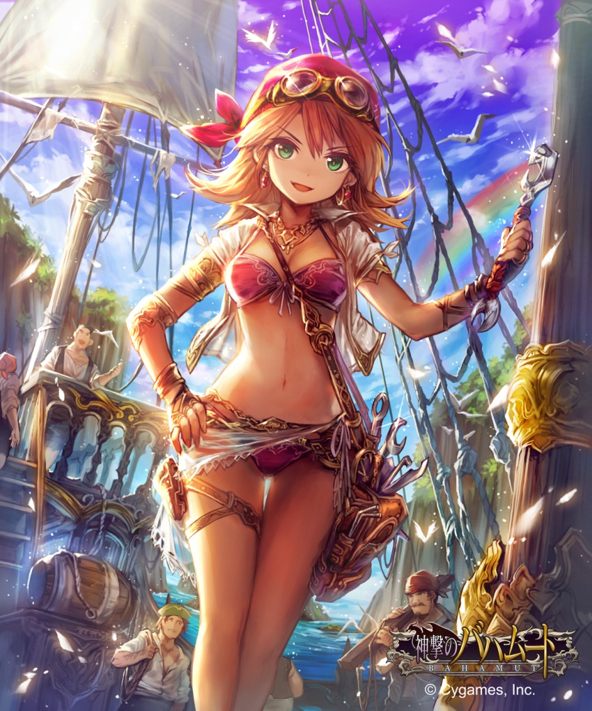 10s 1girl 5boys armlet bandana barrel between_breasts bikini bird bracelet breasts brown_hair cleavage cropped_jacket day earrings fingerless_gloves front-tie_top glint gloves goggles goggles_on_head green_eyes hand_on_own_hip highres jewelry lee_hyeseung long_hair mast multiple_boys navel necklace open_clothes open_shirt outdoors pirate purple_bikini purple_gloves rainbow sarong seagull shingeki_no_bahamut ship shirt sky small_breasts smile socket_wrench sparkle sunlight swimsuit thigh_gap thigh_strap watercraft wrench