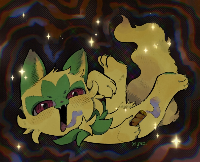 chinese_commentary commentary_request full_body highres looking_at_viewer marijuana nintendo no_humans pokemon pokemon_(creature) red_eyes ringed_eyes smoking sprigatito stoned yrac