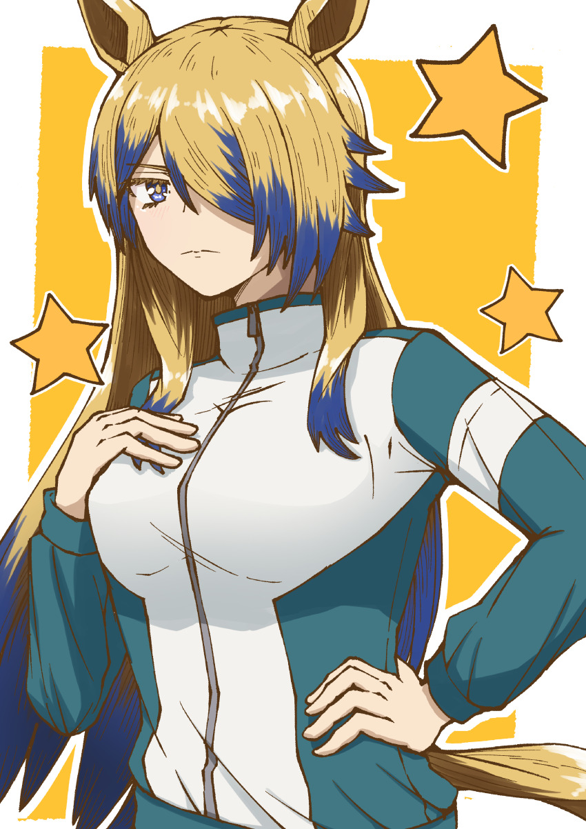 1girl absurdres animal_ears blonde_hair blue_eyes blue_pants breasts closed_mouth hair_over_one_eye highres horse_ears horse_girl horse_tail jacket long_hair looking_at_viewer medium_breasts multicolored_hair multicolored_jacket obey_your_master_(umamusume) pants solo star_(symbol) tail track_jacket track_pants track_suit two-tone_hair umamusume umamusume:_cinderella_gray umi_kani_uni upper_body