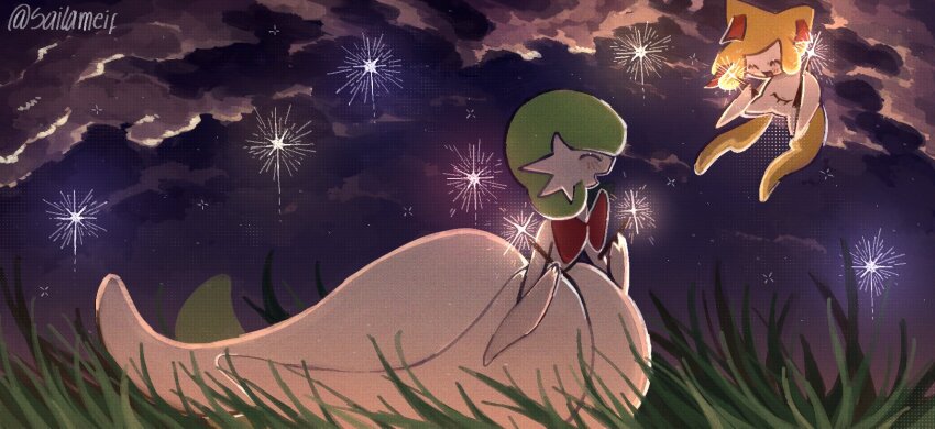 alternate_color artist_name bob_cut cloud colored_skin dress from_side gardevoir gen_3_pokemon grass green_hair highres jirachi legendary_pokemon mega_gardevoir mega_pokemon mythical_pokemon night night_sky nintendo on_grass open_mouth pokemon pokemon_(creature) sailameif shiny_pokemon sky smile tanzaku white_dress white_skin