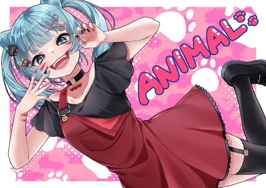 1girl absurdres animal_(vocaloid) aqua_eyes aqua_hair bandaid_on_wrist black_footwear black_nails black_shirt black_thighhighs blue_eyes blue_hair bow cat_hair_ornament choker claw_pose cone_hair_bun dress drooling facial_mark fangs fingernails frilled_dress frills garter_straps hair_bow hair_bun hair_ornament hairclip hatsune_miku heart heart_o-ring heart_ring_choker highres jewelry long_hair looking_at_viewer nail_polish o-ring o-ring_choker off_shoulder open_mouth overall_skirt overalls pink_nails red_overalls sharp_fingernails shirt smile solo song_name thighhighs twintails vocaloid yato_maru