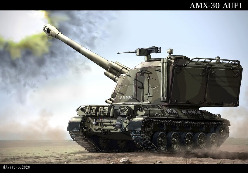 amx-30_(tank) artist_name black_border blue_sky border browning_m2 camouflage caterpillar_tracks desert firing french_army french_flag gun heavy_machine_gun highres konnpeto machine_gun military_vehicle motor_vehicle muzzle_flash no_humans original rock self-propelled_artillery sky tank vehicle_focus weapon