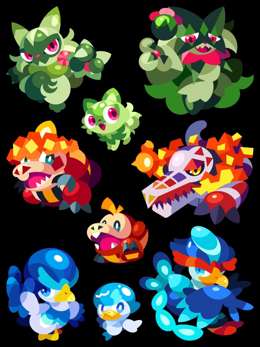 absurdres all_fours black_background blue_eyes blue_feathers clawed_feet claws colored_skin crocalor evolutionary_line fang feathers fire floragato fuecoco game_freak gen_9_pokemon green_fur highres meowscarada neck_ruff nintendo no_humans open_mouth outstretched_arm pink_eyes pokemon pokemon_(creature) pokemon_sv quaquaval quaxly quaxwell red_skin sharp_teeth shichi_(7cube_ori) skeledirge sprigatito standing standing_on_one_leg teeth tusks yellow_eyes
